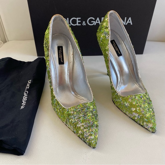 Dolce & Gabbana Green Sequins Embellishments Pointed Toe Pumps SZ 7/37 - Picture 3 of 9
